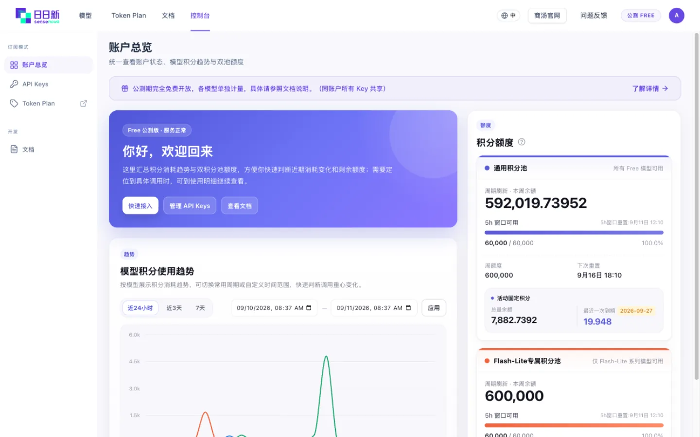 控制台账户总览：双积分池额度一目了然